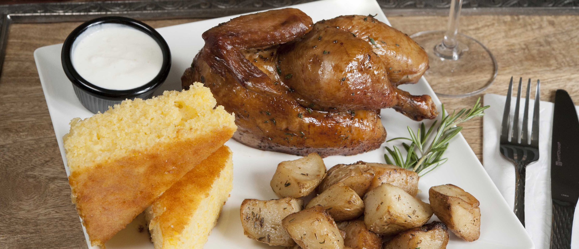 chicken, corn bread and potatoes